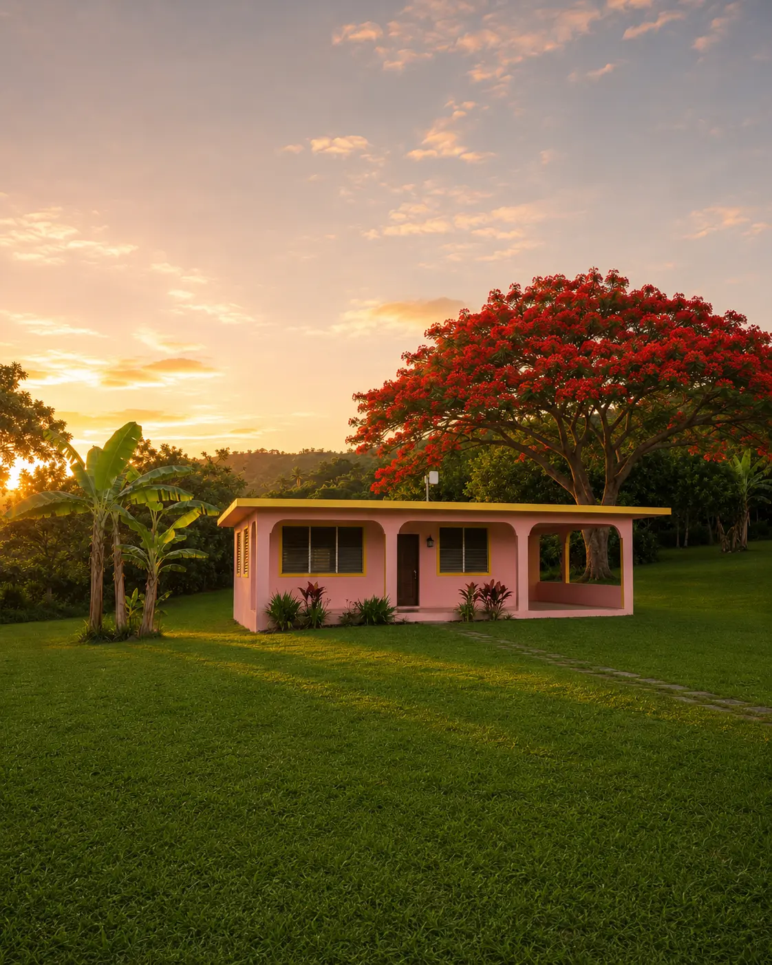 Casita rosada puertorriqueña con un flamboyán de flores rojas, conectada mediante una antena fija inalámbrica de AirWave al atardecer